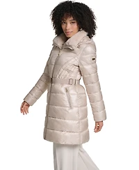 Karl Lagerfeld Paris Women's Belted Faux Fur Collar Hooded Puffer Coat
