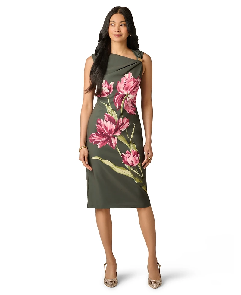 Adrianna Papell Women's Asymmetrical Floral Printed Stretch Crepe Midi Dress