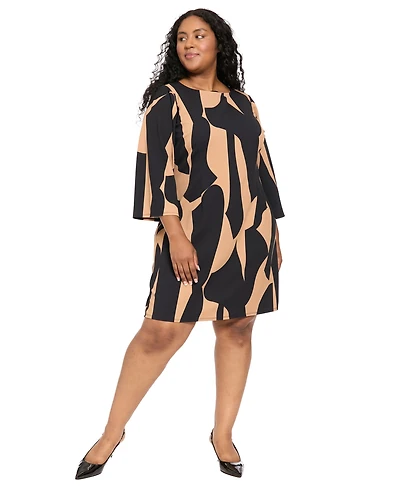 London Times Plus 3/4-Sleeve Geometric-Print Scuba Crepe Shift Dress