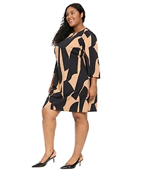 London Times Plus 3/4-Sleeve Geometric-Print Scuba Crepe Shift Dress