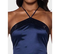 B Darlin Juniors' Stone-Embellished Halter Neck Satin Midi Dress