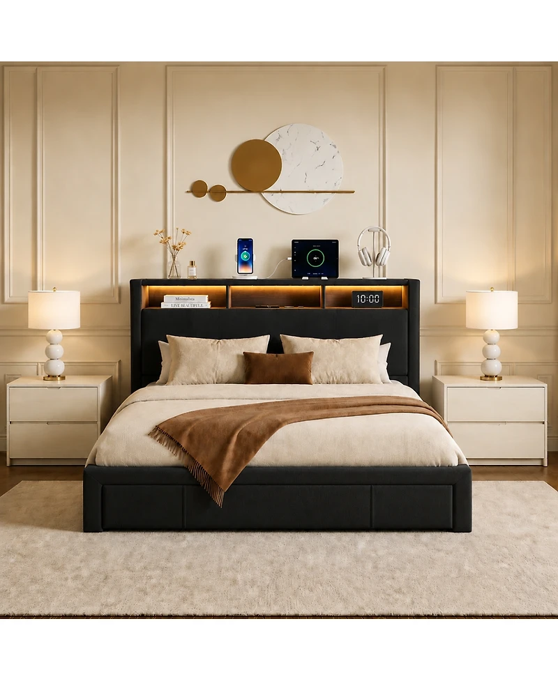 Streamdale Furniture Full-Size Upholstered Storage Bed with Led Headboard, Charging Station and Drawers