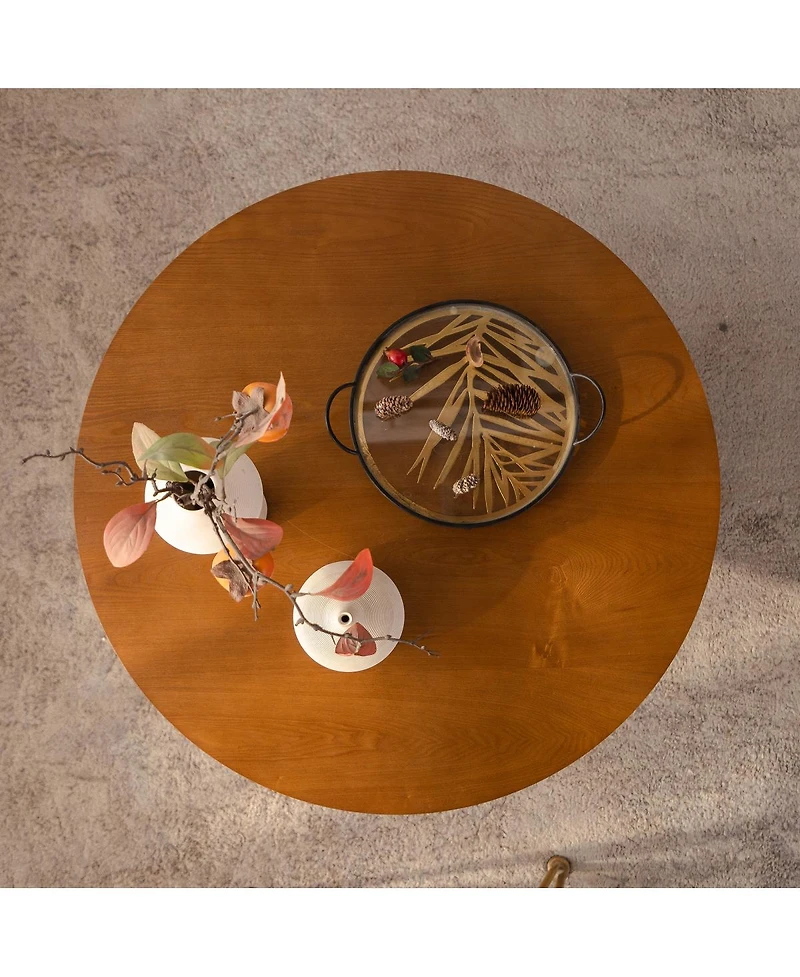 Streamdale Furniture 31.5" Round Wood Coffee Table with 3 Teddy Fabric Nesting Stools