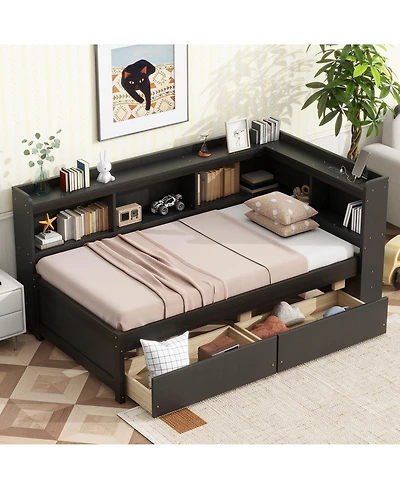Sailvan L-shaped Bookcases Bed with Power Outlets, Usb Charging Ports, Two Drawers