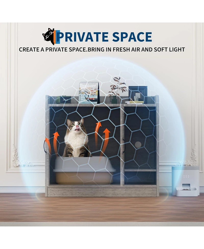 homfan Double Cat Litter Box Enclosure – Modern Hidden Wooden Washroom Cabinet with Divider and Mark Mat, Multi-Functional Indoor House Bench