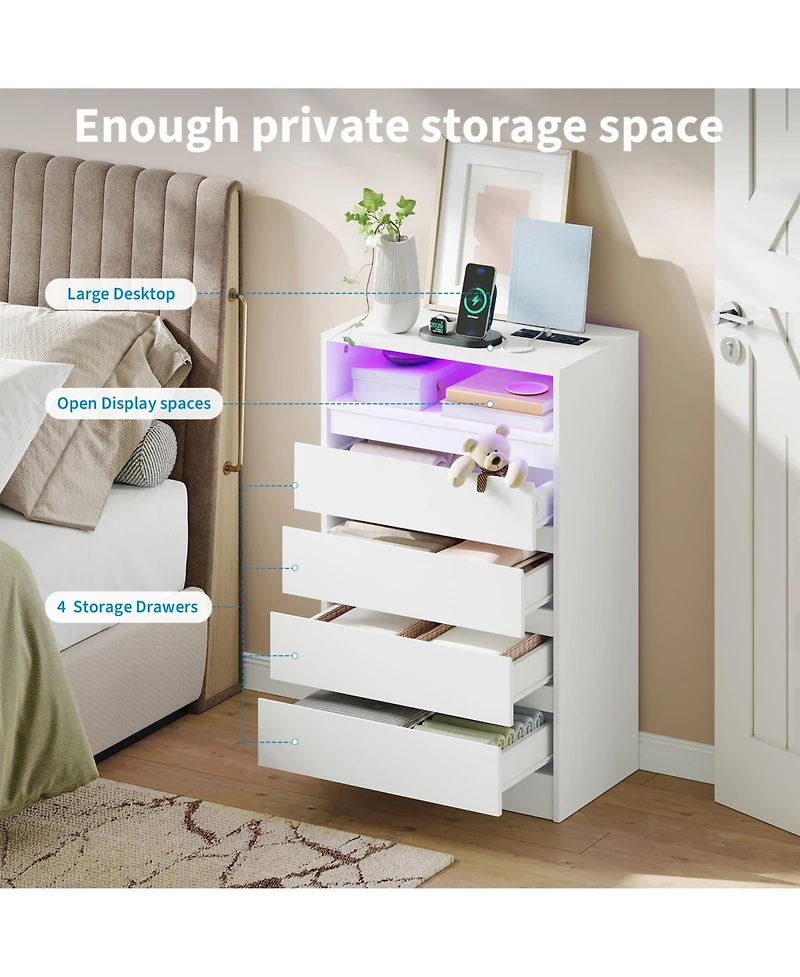 homfan Set of 2 Chest of Drawers With 4 Drawers, Modern Chest With Led Lighting and Usb Charging Station