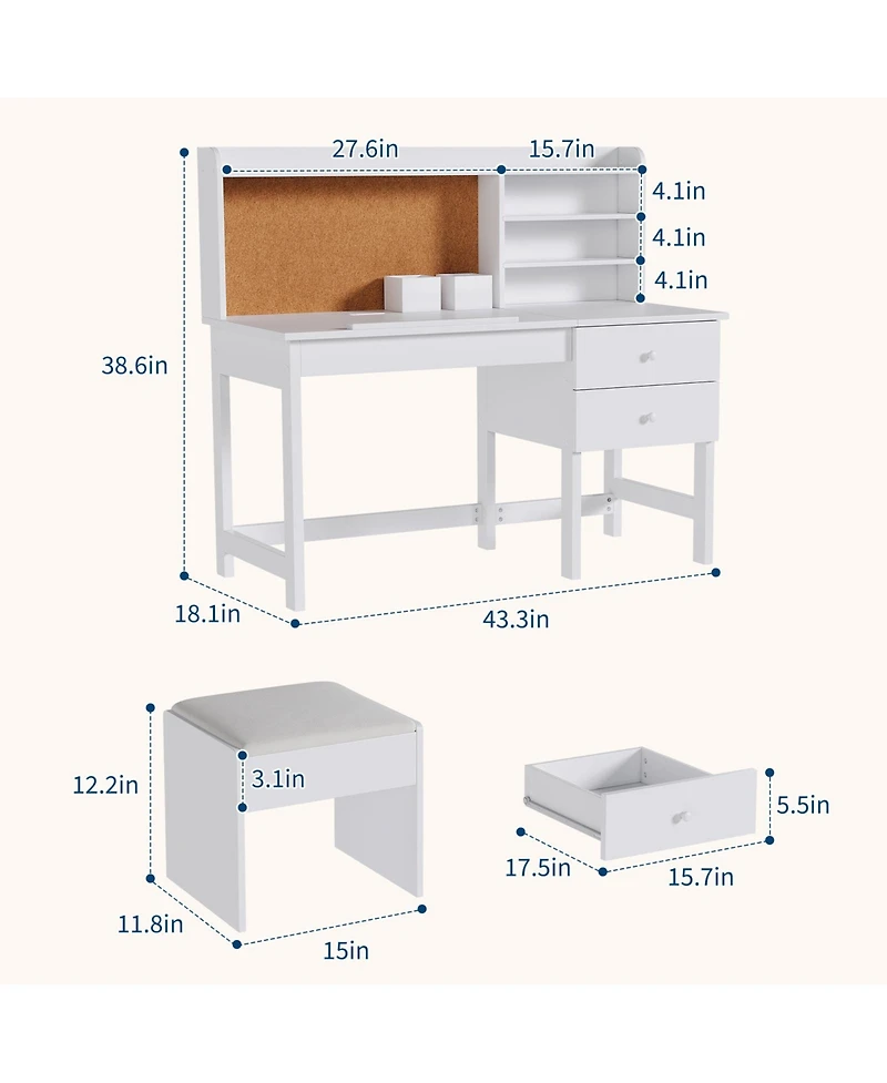 homfan Adjustable Kids Desk and Chair Set, Wooden Study Table with Tilting Desktop, Drawers and Cork Board, Ergonomic Workspace for Boys and Girls