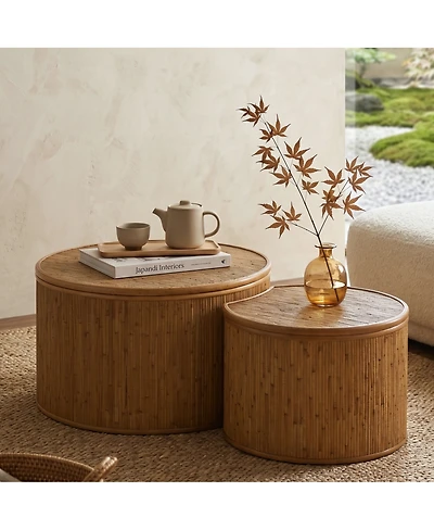 Streamdale Furniture Vintage Inlaid Rattan Coffee Table with Storage, Natural, Set of 2