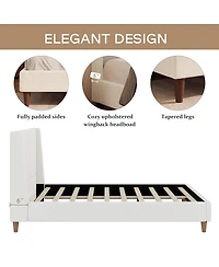 Streamdale Furniture Modern Boucle Wingback Platform Bed with Walnut Legs