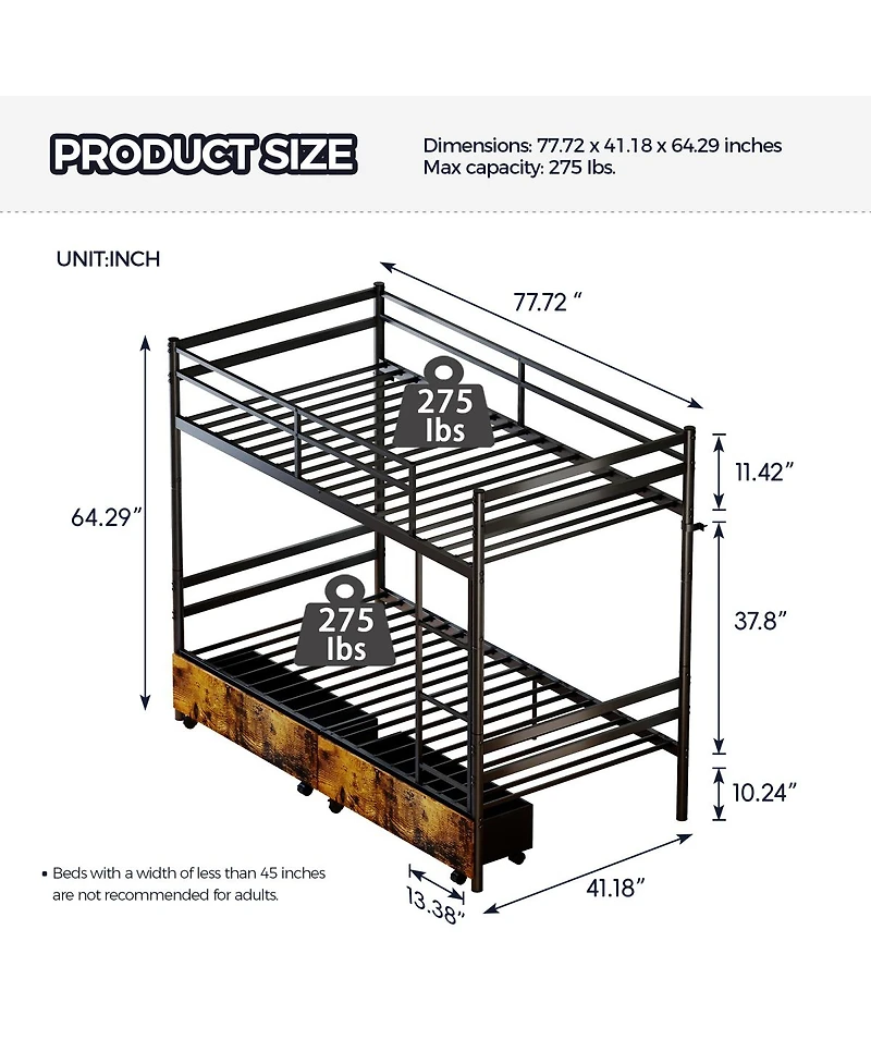 Streamdale Furniture Heavy Duty Metal Bunk Bed with Drawers and Safety Guardrails