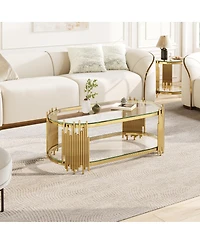 Streamdale Furniture Luxury 2-Tier Oval Glass Coffee Table with Organ Pipe Design