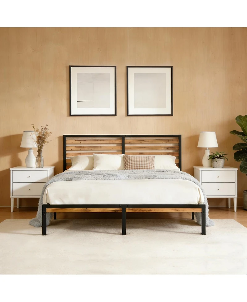 Streamdale Furniture Full Size Metal Platform Bed Frame with Wood Headboard and Under Bed Storage