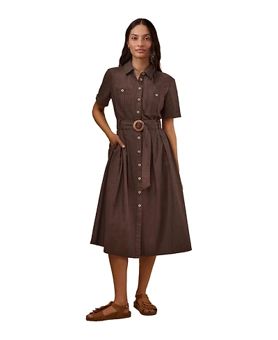 Celtic & Co. Women's Belted Safari Midi Shirt Dress