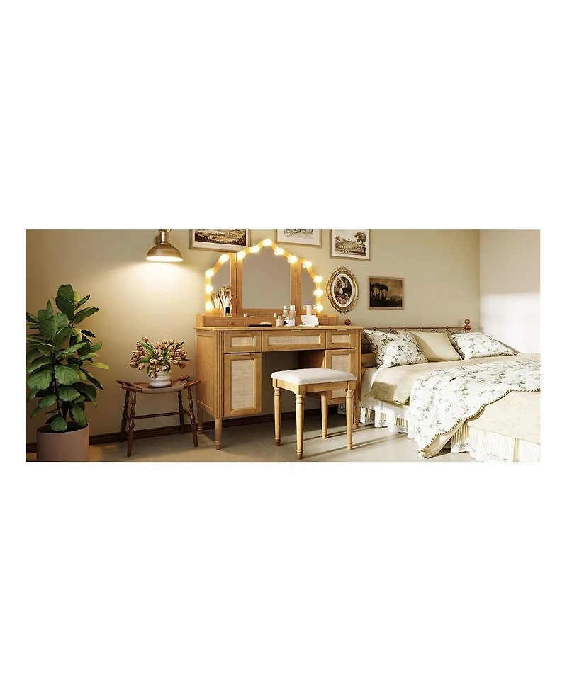Streamdale Furniture Makeup Vanity Desk with Tri-Fold Mirror, 13 Lights, 5 Drawers and Charging Station