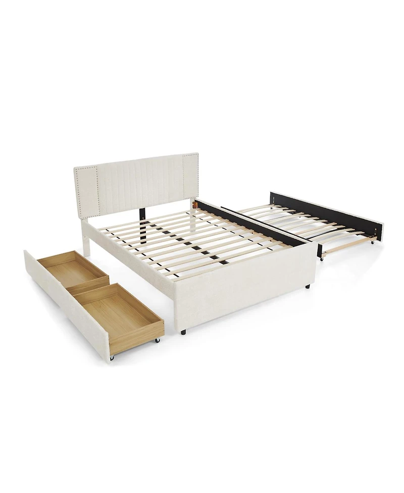 Streamdale Furniture Queen Size Channel Tufted Upholstered Bed with Storage Drawers and Trundle