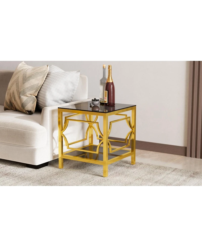 Streamdale Furniture 19.7" Modern Square Side Table with Tempered Glass Top and Storage Shelf