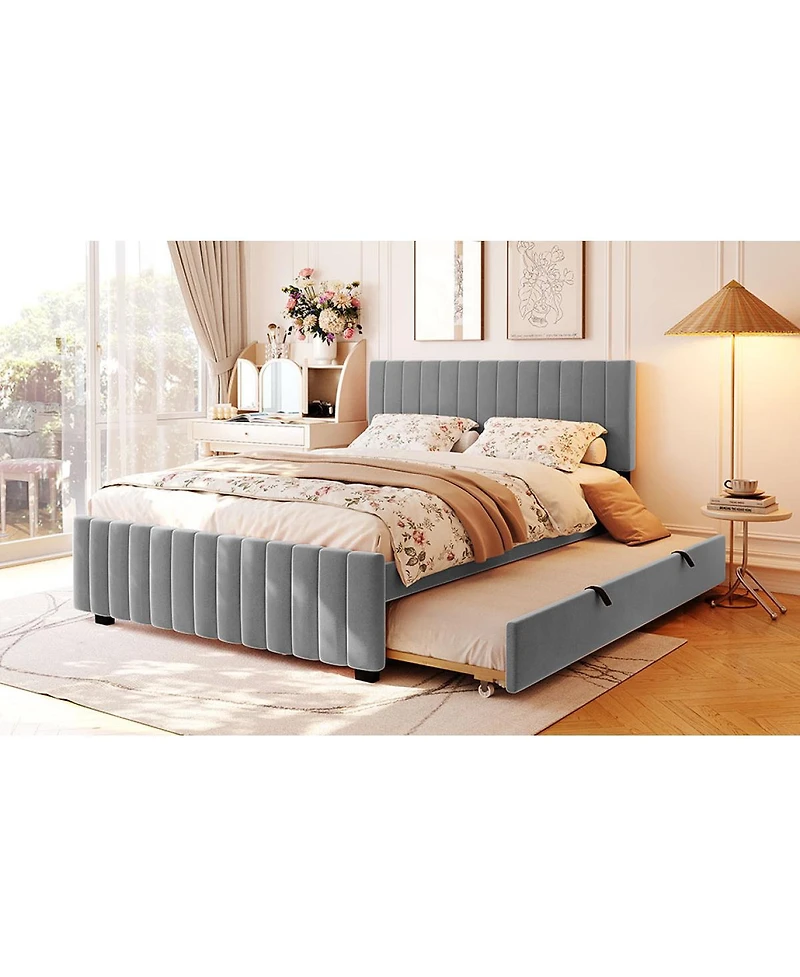 Streamdale Furniture Queen Size Velvet Upholstered Platform Bed with Twin Xl Size Trundle