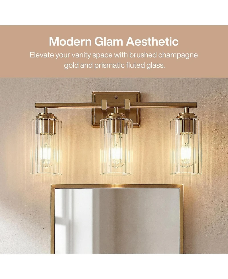 Tribesigns 3 Bathroom Vanity Light Fixture, Adjustable Modern Wall Sconce with Ribbed Glass Shades, Brass Vanity Lighting, E26 Base