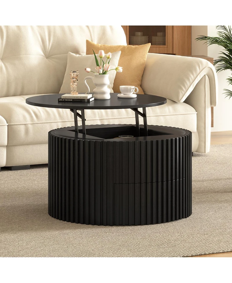 Streamdale Furniture Round Fluted Wood Lift Top Coffee Table with Hidden Storage