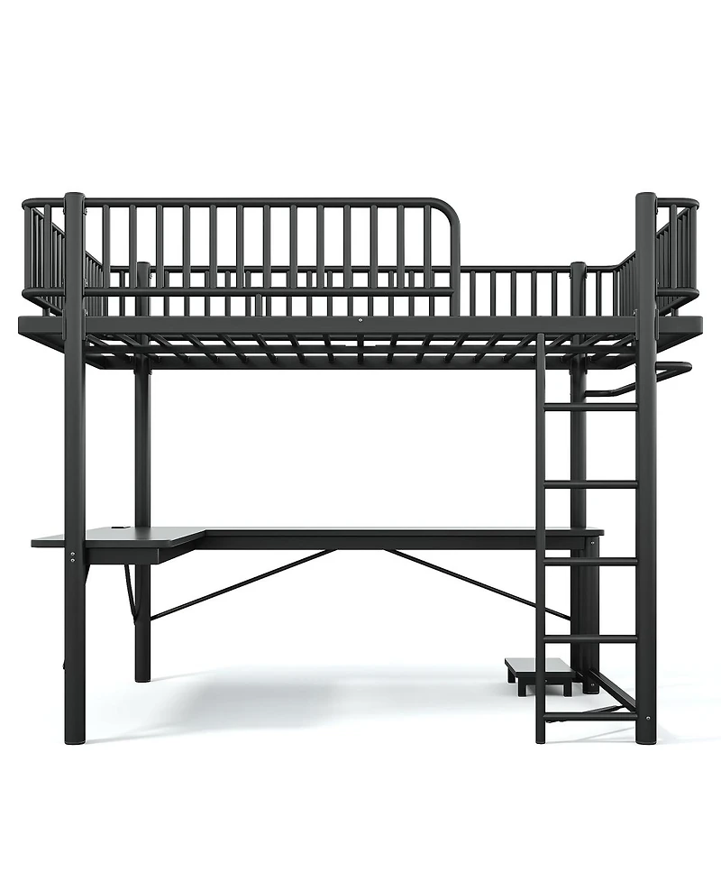 Streamdale Furniture Queen Metal Loft Bed with L-Shaped Desk, Led Lights, and Charging Station