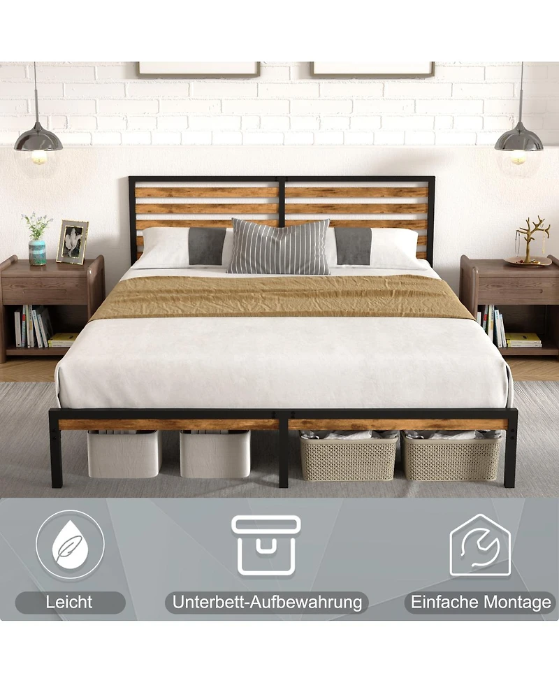 Streamdale Furniture Queen Size Metal Platform Bed Frame with Wood Headboard and Under-Bed Storage