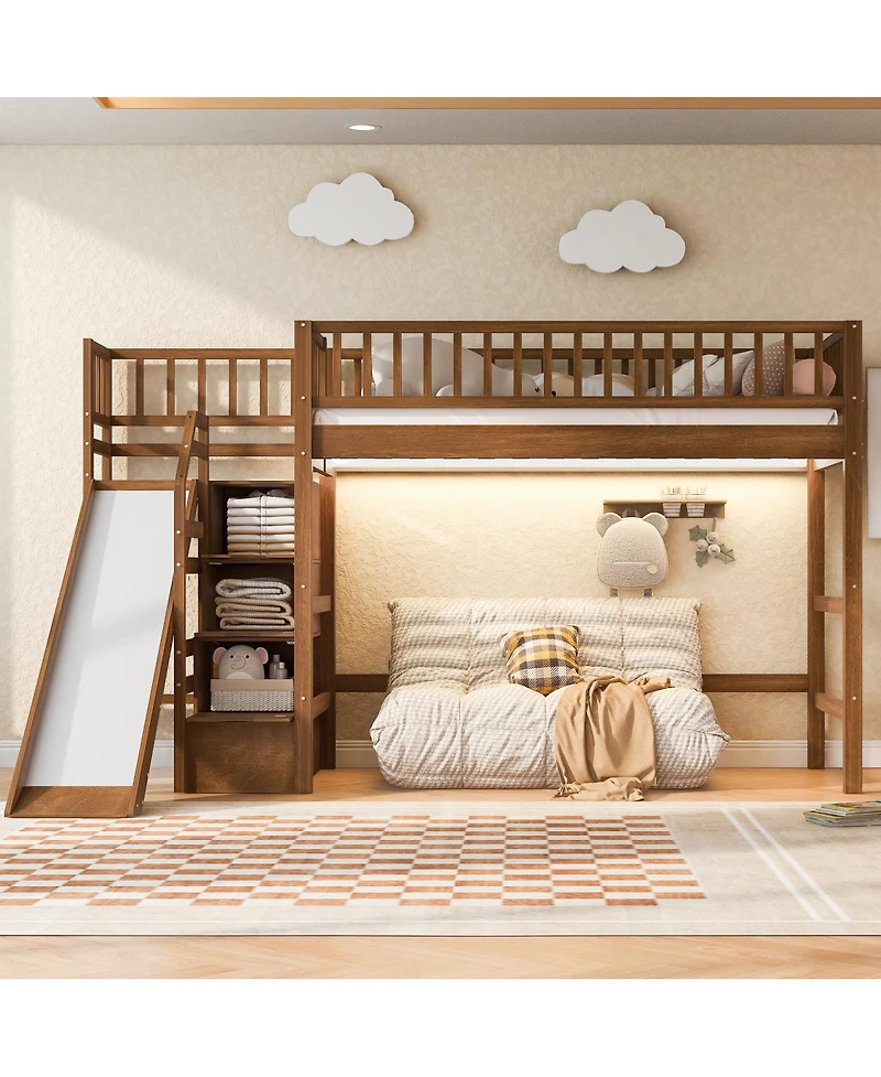 Streamdale Furniture Twin Size Loft Bed with Storage Staircase, Slide and Led Light