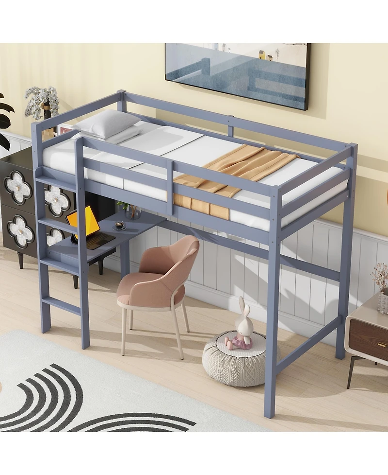 Sailvan Twin High Loft Bed, Rubber Wood Bed with Safety Guardrail, built-in desk, ladder