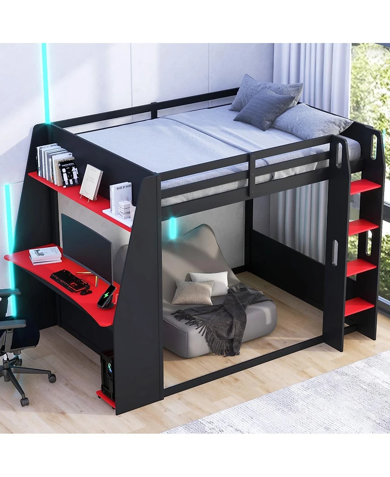 Streamdale Furniture Full Size Wooden Gaming Bunk Bed with Desk, Two Storage Shelves, Usb and Led Light