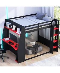 Streamdale Furniture Full Size Wooden Gaming Bunk Bed with Desk, Two Storage Shelves, Usb and Led Light