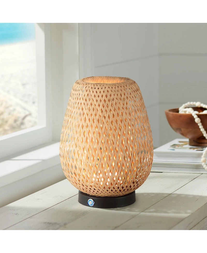 360 Lighting Beliz 12" High Small Farmhouse Rustic Accent Table Lamp Rattan 3-Way Cordless Finish Living Room