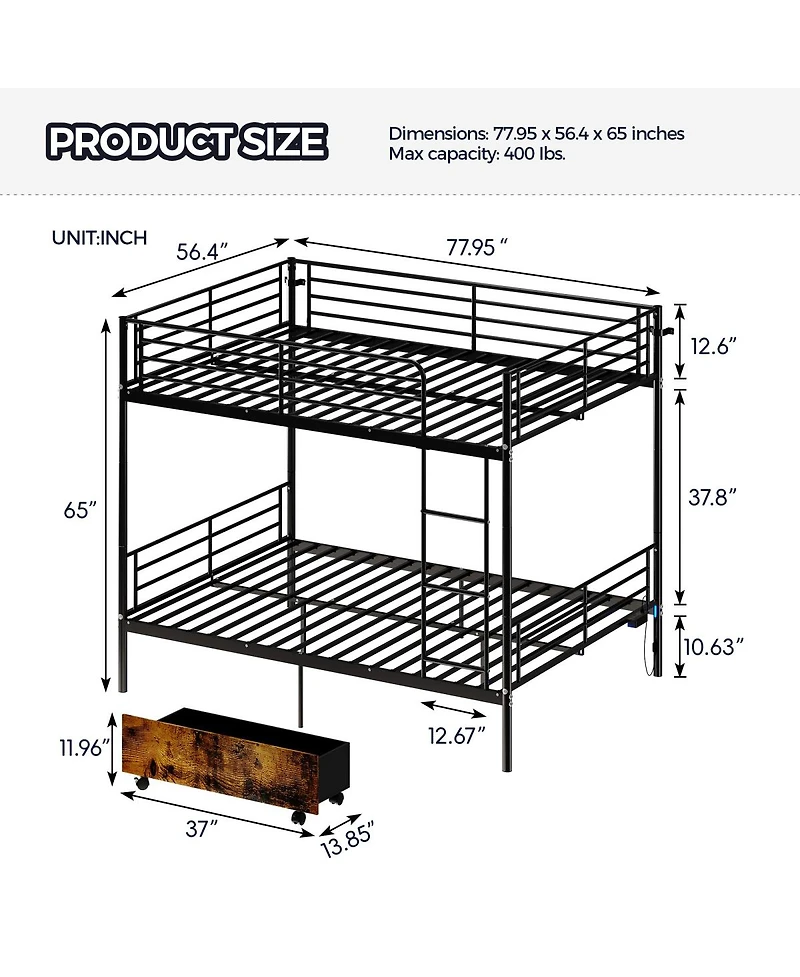 Streamdale Furniture Twin Over Twin Metal Bunk Bed with Ladder and Guardrail
