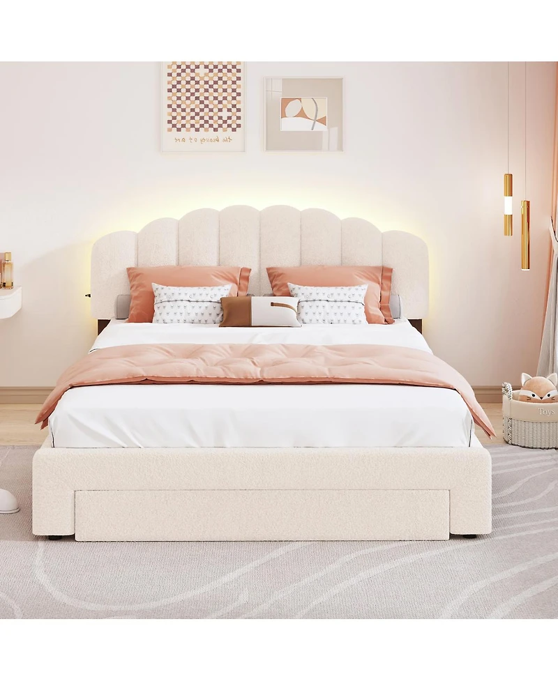 Streamdale Furniture Teddy Fleece Queen Upholstered Platform Bed with Drawer