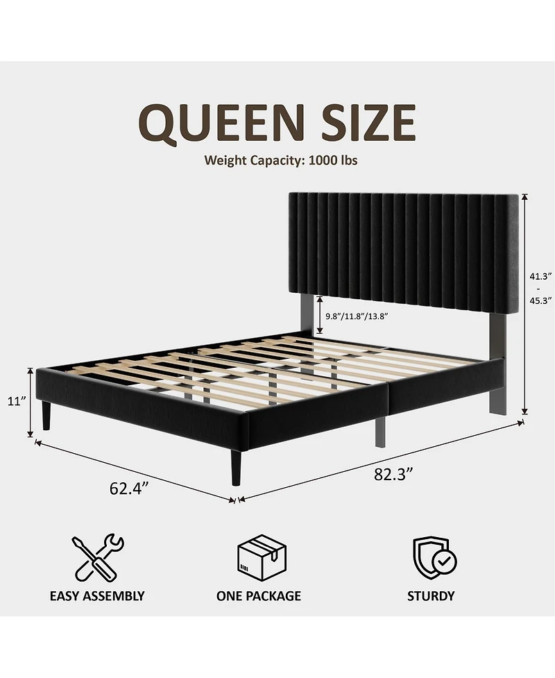 Streamdale Furniture Queen Size Velvet Upholstered Platform Bed with Adjustable Headboard