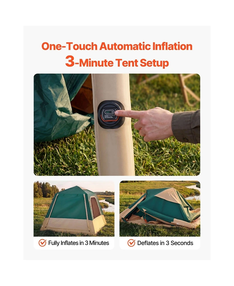 Mountaintop 4-Person Green Inflatable Cabin Tent, Rechargeable Pump, Tpu Tube, 5 Mesh Windows, Waterproof Portable with Carry Bag for Camping Hiking
