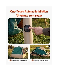 Mountaintop 4-Person Green Inflatable Cabin Tent, Rechargeable Pump, Tpu Tube, 5 Mesh Windows, Waterproof Portable with Carry Bag for Camping Hiking