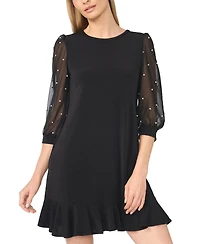 CeCe Women's Pearl Sleeve Mix Media Sheer Ruffled-Hem Dress