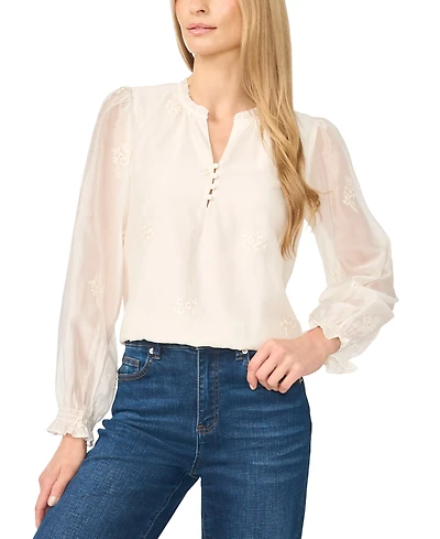CeCe Women's Ruffle-Neck Long-Sleeve V-Neck Blouse