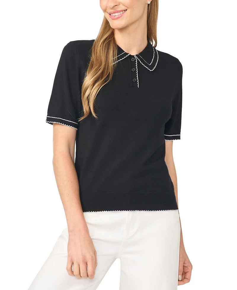 CeCe Women's Contrast-Stitch Short-Sleeve Polo Collared Sweater