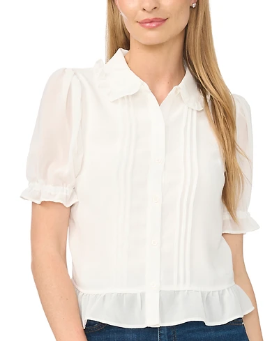 CeCe Women's Ruffle-Collar Cropped Button-Front Short-Sleeve Top