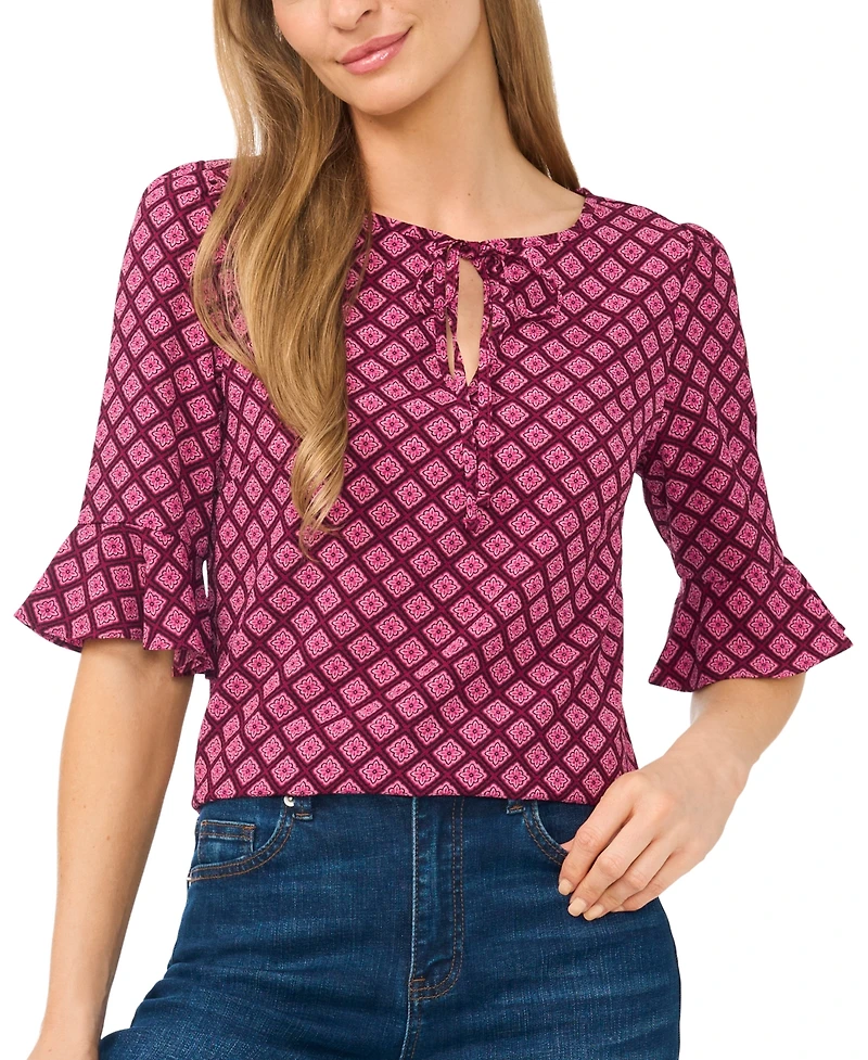 CeCe Women's Split Tie-Neck Ruffle-Cuff 3/4-Sleeve Top