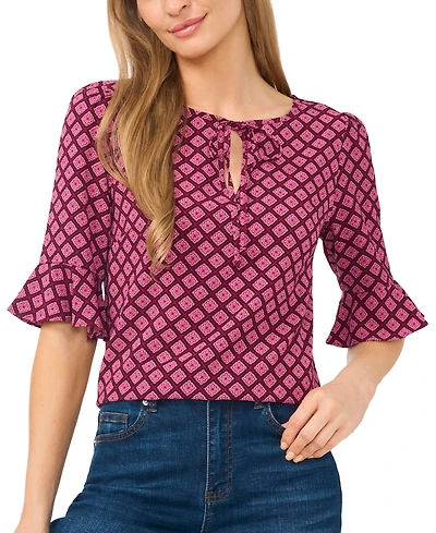 CeCe Women's Split Tie-Neck Ruffle-Cuff 3/4-Sleeve Top