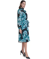 Calvin Klein Women's Long-Sleeve Floral Chiffon Mock Neck Midi Dress