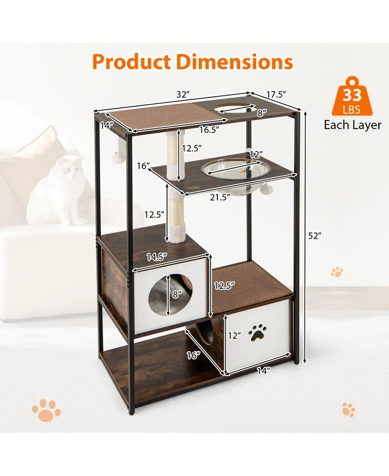 Hongge Metal-Frame Cat Tree with Two Enclosed Condos