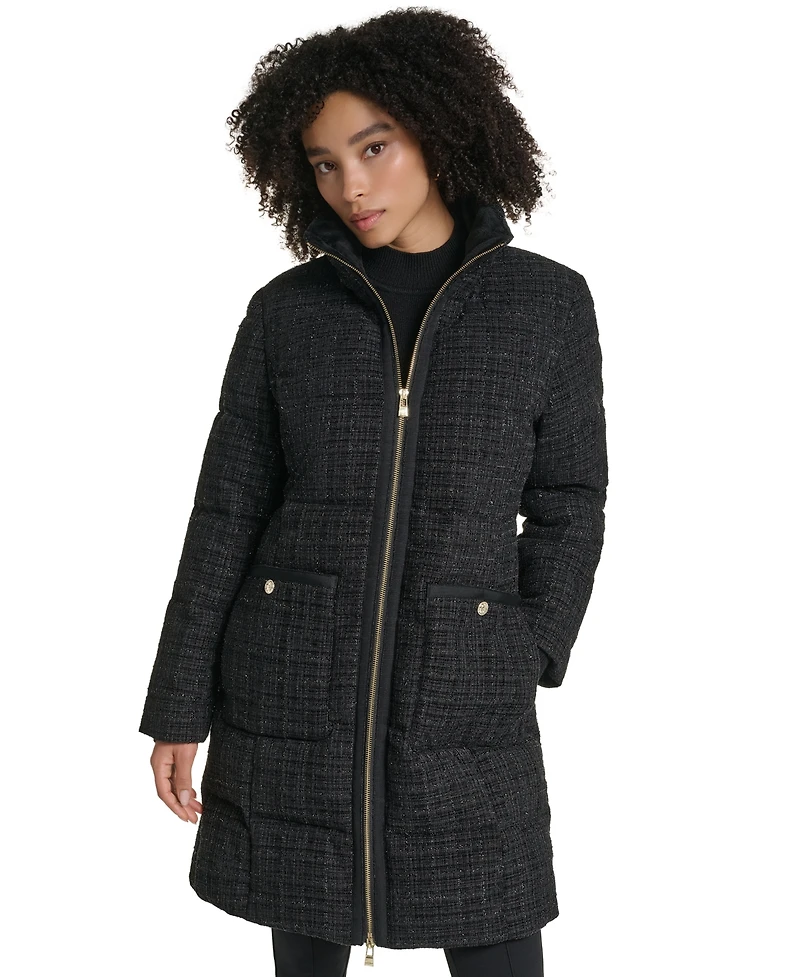 Karl Lagerfeld Paris Women's Tweed Sparkle Long Puffer Coat