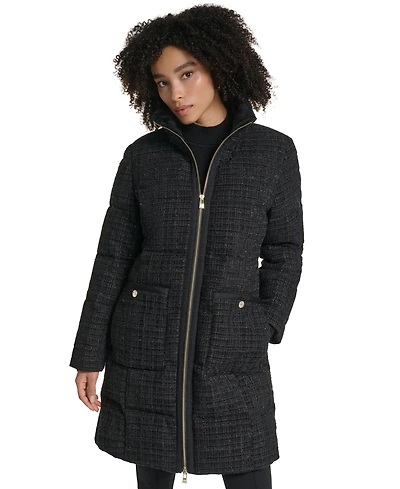 Karl Lagerfeld Paris Women's Tweed Sparkle Long Puffer Coat