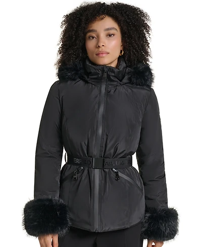Karl Lagerfeld Paris Women's Faux-Fur Trim Cuff and Hood Belted Puffer Jacket
