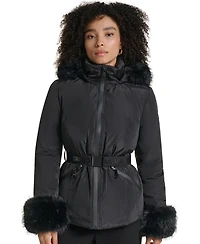 Karl Lagerfeld Paris Women's Faux-Fur Trim Cuff and Hood Belted Puffer Jacket