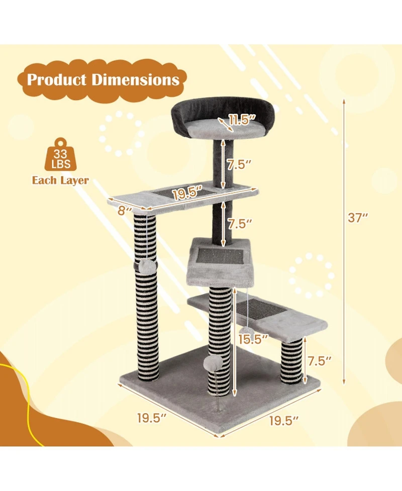 Hongge Sisal and Jute Wrapped Kitten Cat Tower, 37 Inch Tall