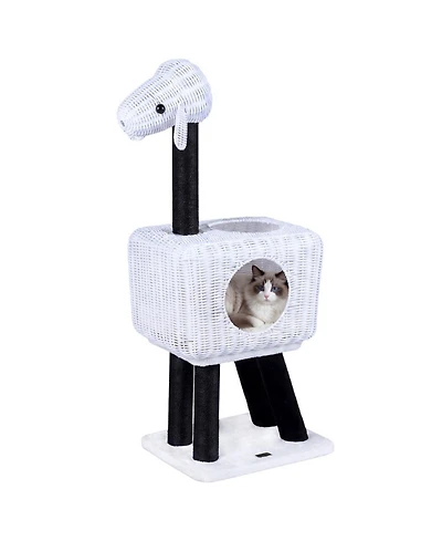 Hongge Lamb-Shaped 43 Inch Cat Tower with 2-Door Rattan Condo