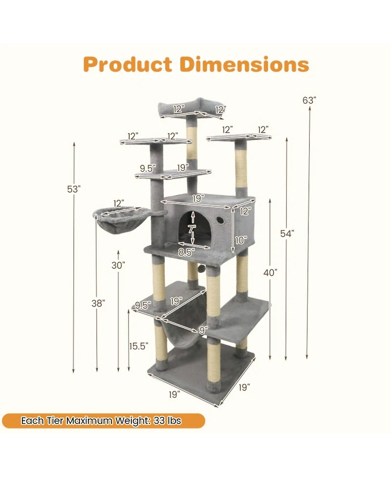 Hongge Large 63 Inch Indoor Cat Tower with Rotatable Basket Bed
